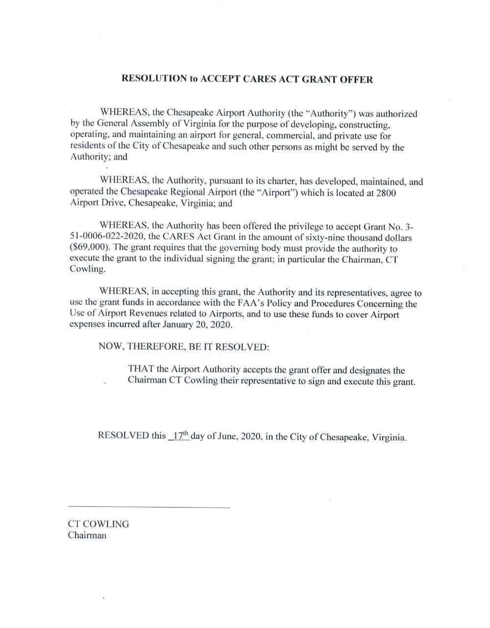 image of the resolution passed by the airport authority to accept cares act grant offer